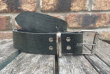 Green crocodile skin look buffalo leather belt & nickel plated Steel roller buckle. Choice of width