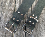 Green crocodile skin look buffalo leather belt & nickel plated Steel roller buckle. Choice of width