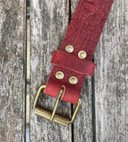 Crocodile skin look buffalo leather belt & antique brass look steel roller buckle. Choice of width & colour.
