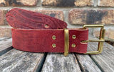 Red crocodile skin look buffalo leather belt & solid brass roller buckle. Choice of width