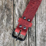 Crocodile skin look buffalo leather 19mm-50mm wide belt with black steel roller buckle. Choice of 5 colours