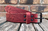 Crocodile skin look buffalo leather 19mm-50mm wide belt with black steel roller buckle. Choice of 5 colours