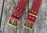 Red crocodile skin look buffalo leather belt & solid brass roller buckle. Choice of width