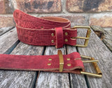 Red crocodile skin look buffalo leather belt & solid brass roller buckle. Choice of width