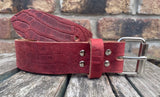 Crocodile skin look buffalo leather 19mm-50mm wide belt with with heavy duty nickel plated steel light roller buckle. Choice of 5 colours