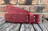 Crocodile skin look buffalo leather 19mm-50mm wide belt with with nickel plated steel light roller buckle. Choice of 5 colours
