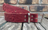 Crocodile skin look buffalo leather 19mm-50mm wide belt with with nickel plated steel light roller buckle. Choice of 5 colours