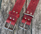 Red crocodile skin look buffalo leather belt & nickel plated Steel roller buckle. Choice of width
