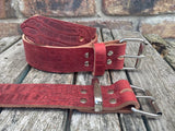Red crocodile skin look buffalo leather belt & nickel plated Steel roller buckle. Choice of width