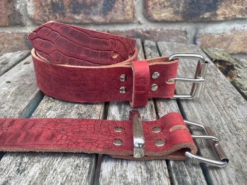 Red crocodile skin look buffalo leather belt & nickel plated Steel roller buckle. Choice of width