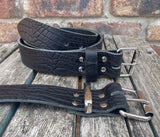 Black crocodile skin look buffalo leather belt & nickel plated Steel roller buckle. Choice of width