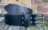 Buffalo leather 50mm wide belt with 2 prong nickel plated steel roller buckle. Choice of 9 colours