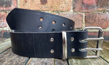 Buffalo leather 50mm wide belt with 2 prong nickel plated steel roller buckle. Choice of 9 colours