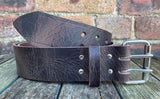 Buffalo leather 50mm wide belt with 2 prong nickel plated steel roller buckle. Choice of 9 colours