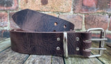 Buffalo leather 50mm wide belt with 2 prong nickel plated steel roller buckle. Choice of 9 colours