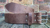 Buffalo leather 50mm wide belt with 2 prong nickel plated steel roller buckle. Choice of 9 colours