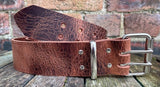 Buffalo leather 50mm wide belt with 2 prong nickel plated steel roller buckle. Choice of 9 colours