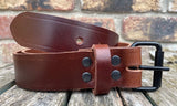 Buffalo leather 19mm-50mm wide belt with black steel roller buckle. Choice of 9 colours