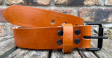 Buffalo leather 19mm-50mm wide belt with black steel roller buckle. Choice of 9 colours
