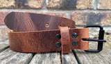 Buffalo leather 19mm-50mm wide belt with black steel roller buckle. Choice of 9 colours