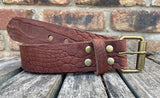 Crocodile skin look buffalo leather belt & antique brass look steel roller buckle. Choice of width & colour.