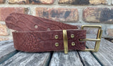 Brown crocodile skin look buffalo leather belt & solid brass roller buckle. Choice of width