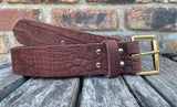 Brown crocodile skin look buffalo leather belt & solid brass roller buckle. Choice of width
