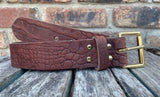 Brown crocodile skin look buffalo leather belt & solid brass roller buckle. Choice of width