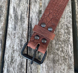 Crocodile skin look buffalo leather 19mm-50mm wide belt with black steel roller buckle. Choice of 5 colours