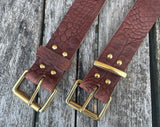 Brown crocodile skin look buffalo leather belt & solid brass roller buckle. Choice of width