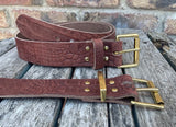 Brown crocodile skin look buffalo leather belt & solid brass roller buckle. Choice of width
