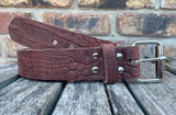 Crocodile skin look buffalo leather 19mm-50mm wide belt with with heavy duty nickel plated steel light roller buckle. Choice of 5 colours