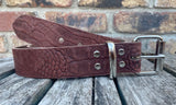 Crocodile skin look buffalo leather 19mm-50mm wide belt with with heavy duty nickel plated steel light roller buckle. Choice of 5 colours