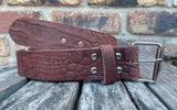 Crocodile skin look buffalo leather 19mm-50mm wide belt with with nickel plated steel light roller buckle. Choice of 5 colours