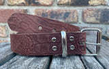 Crocodile skin look buffalo leather 19mm-50mm wide belt with with nickel plated steel light roller buckle. Choice of 5 colours