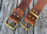 Cognac crocodile skin look buffalo leather belt & solid brass roller buckle. Choice of width