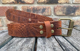 Crocodile skin look buffalo leather belt & antique brass look steel roller buckle. Choice of width & colour.