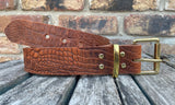 Cognac crocodile skin look buffalo leather belt & solid brass roller buckle. Choice of width