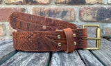 Cognac crocodile skin look buffalo leather belt & solid brass roller buckle. Choice of width