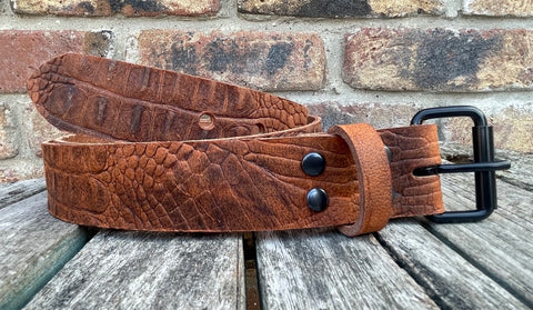 Crocodile skin look buffalo leather belt & black Steel roller buckle. Choice of width & colour.
