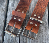Cognac crocodile skin look buffalo leather belt & nickel plated Steel roller buckle. Choice of width