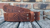 Cognac crocodile skin look buffalo leather belt & nickel plated Steel roller buckle. Choice of width