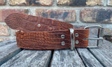 Cognac crocodile skin look buffalo leather belt & nickel plated Steel roller buckle. Choice of width