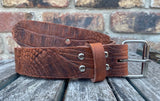 Crocodile skin look buffalo leather 19mm-50mm wide belt with with nickel plated steel light roller buckle. Choice of 5 colours