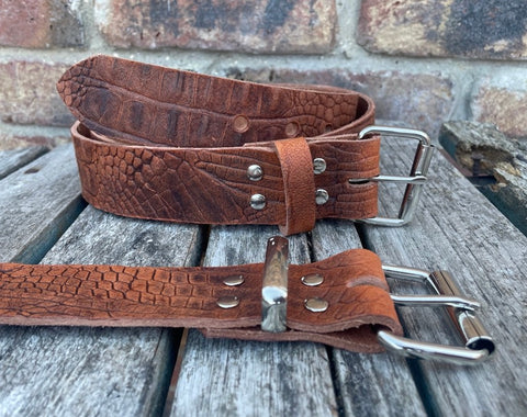 Cognac crocodile skin look buffalo leather belt & nickel plated Steel roller buckle. Choice of width