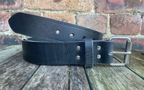 Black buffalo worn look leather belt & nickel plated steel roller buckle, Choice of Widths.