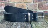Black buffalo worn look leather belt & nickel plated steel roller buckle, Choice of Widths.