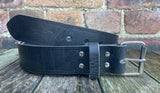 Black buffalo worn look leather belt & nickel plated steel roller buckle, Choice of Widths.