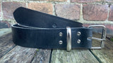 Black buffalo worn look leather belt & nickel plated steel roller buckle, Choice of Widths.