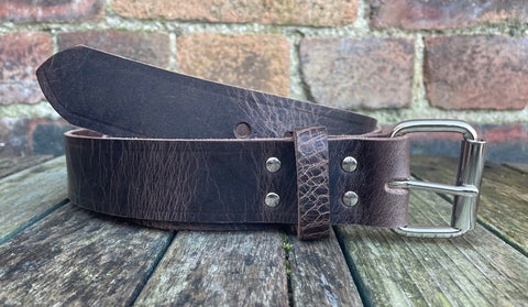 Dark Brown buffalo worn look leather belt & nickel plated steel roller buckle, Choice of Widths.